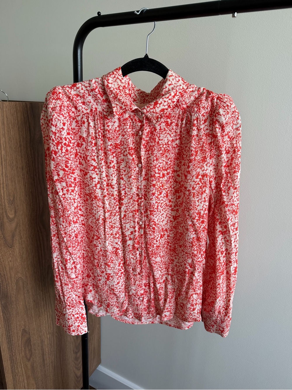 Almae France Red & White Printed Puff Shoulder Long Sleeve Blouse Size 3 (M/L) - Picture 2 of 10
